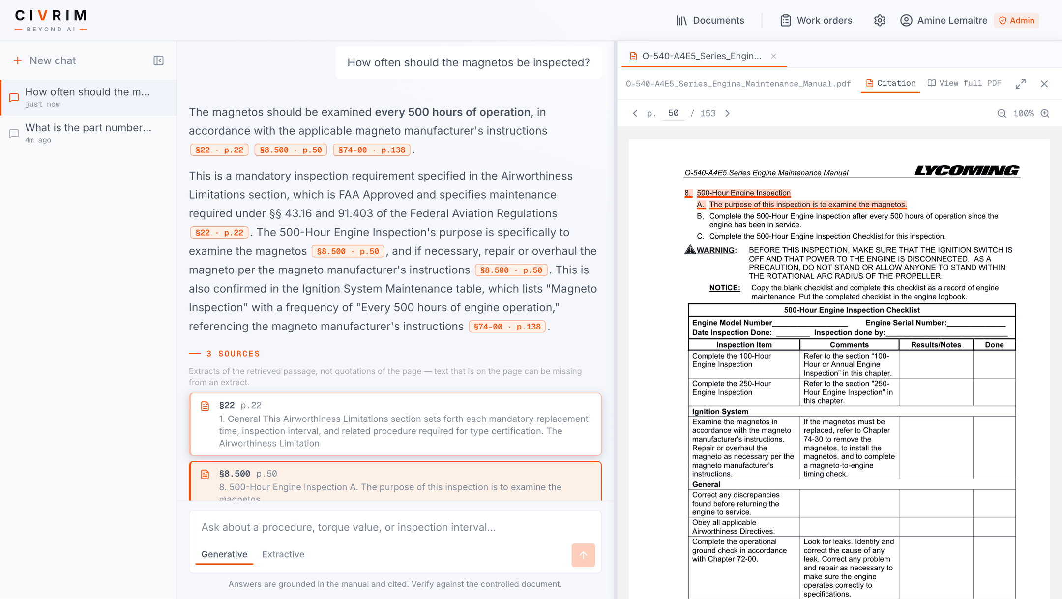 CIVRIM split view: the answer beside the source maintenance manual PDF, with the cited passage highlighted