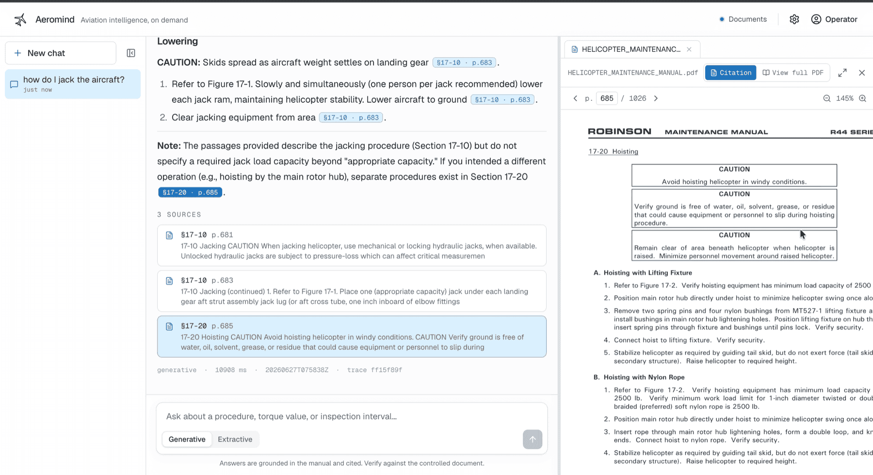 Aeromind split view: the answer beside the source maintenance manual PDF, with the cited passage highlighted